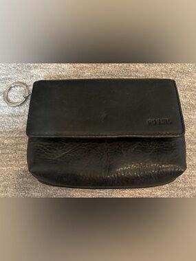 Fossil Black Leather Coin Purse with Silver Keyring and Card Wallet